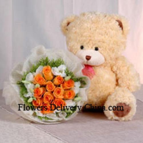 12 Orange Roses with Cute Teddy Bear