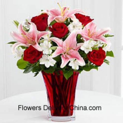 Rose Rosse con Gigli Rosa in Vaso