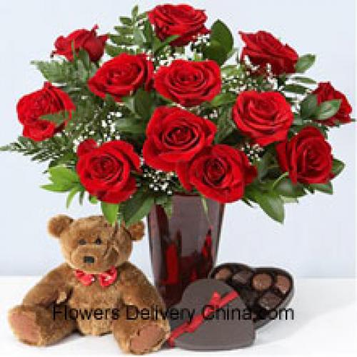 10 Zoll Teddy mit Schokoladenbox und 12 roten Rosen