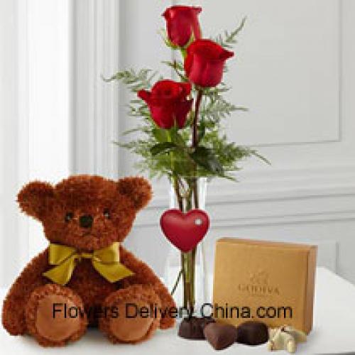 3 Rote Rosen mit Teddy und Schokolade