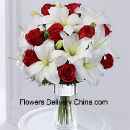 Roses and Lilies Greenish Arrangement