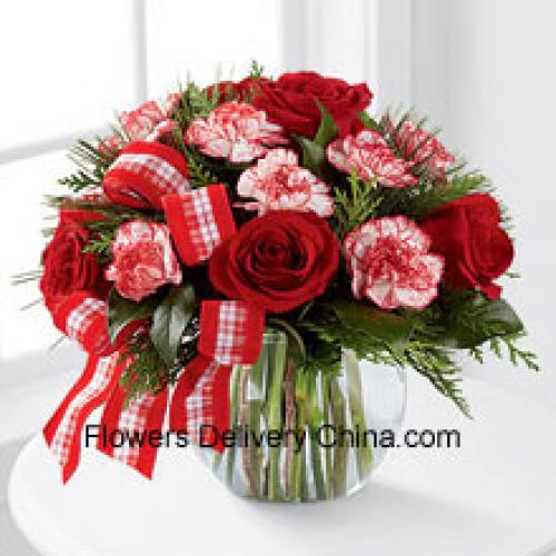 Roses and Carnations with Greens in Vase