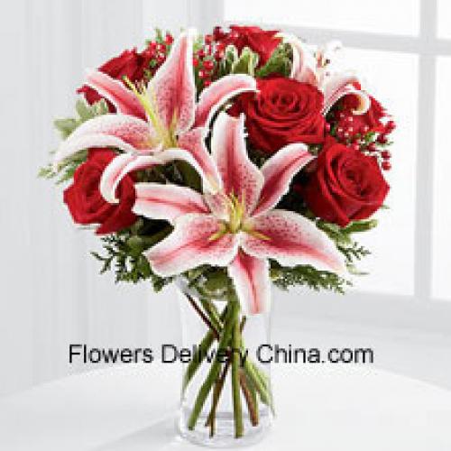 Red Roses with Stargrazer and Assorted Flowers in Vase